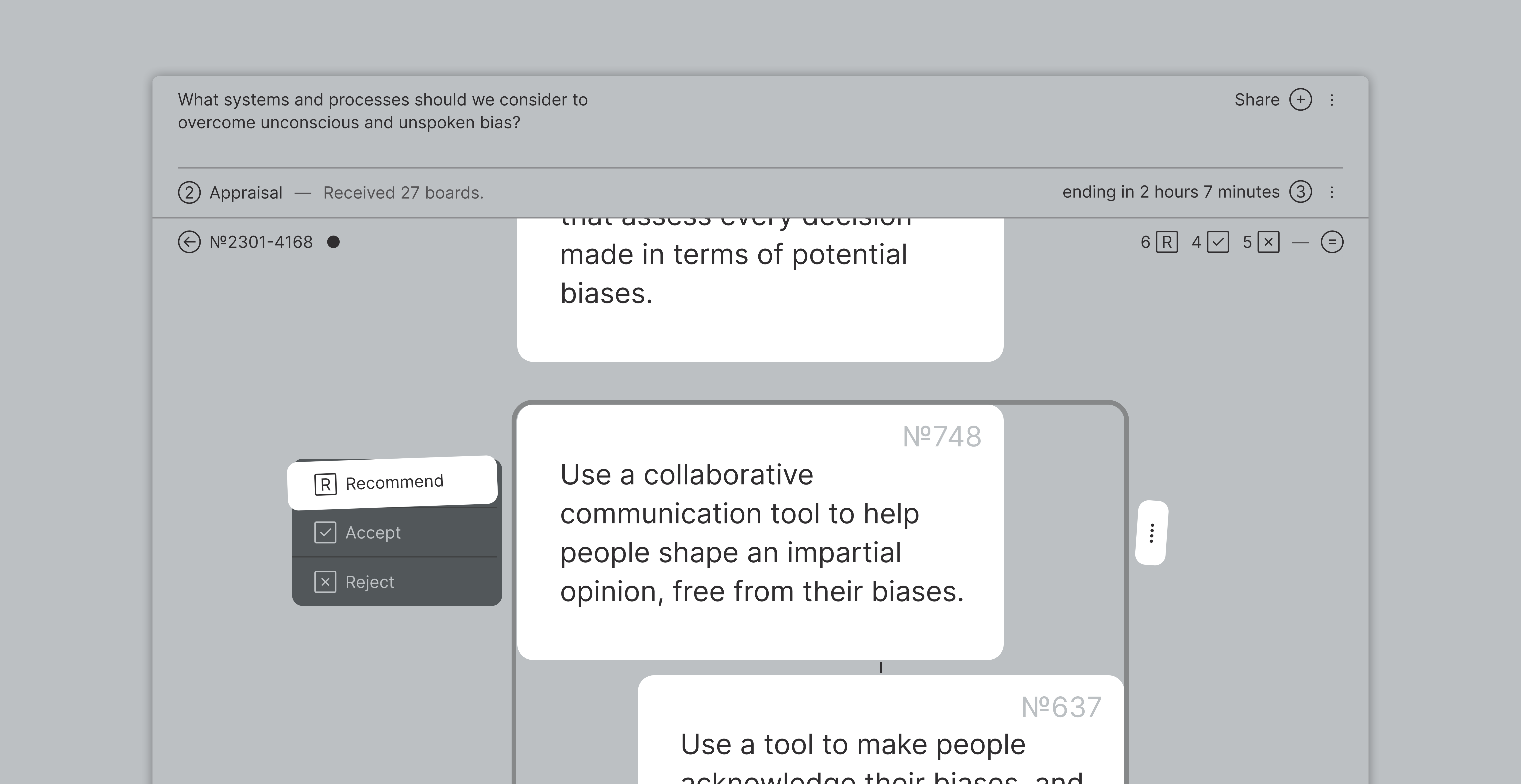 Screenshot of an anonymous thought to a given prompt being appraised, and recommended.