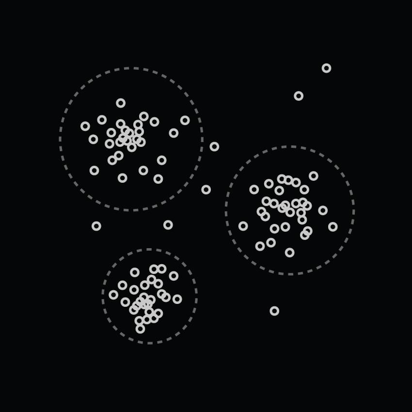 Schematic of a answer distribution made of clusters, with answers aggregating towards three distinct centers.