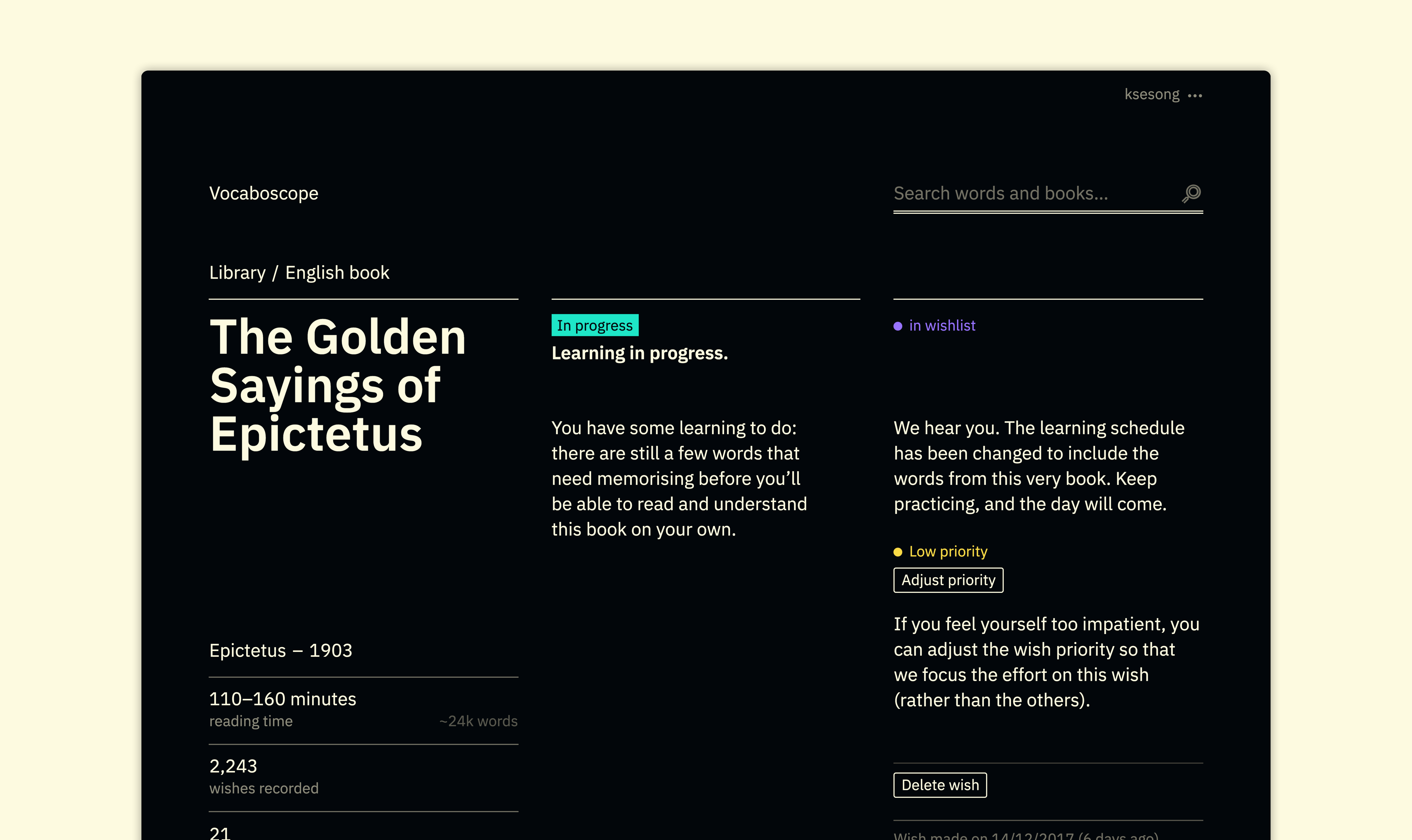 Screenshot of a reading wish (The Golden Sayings of Epictetus) in the process of being fulfilled through vocabulary training.