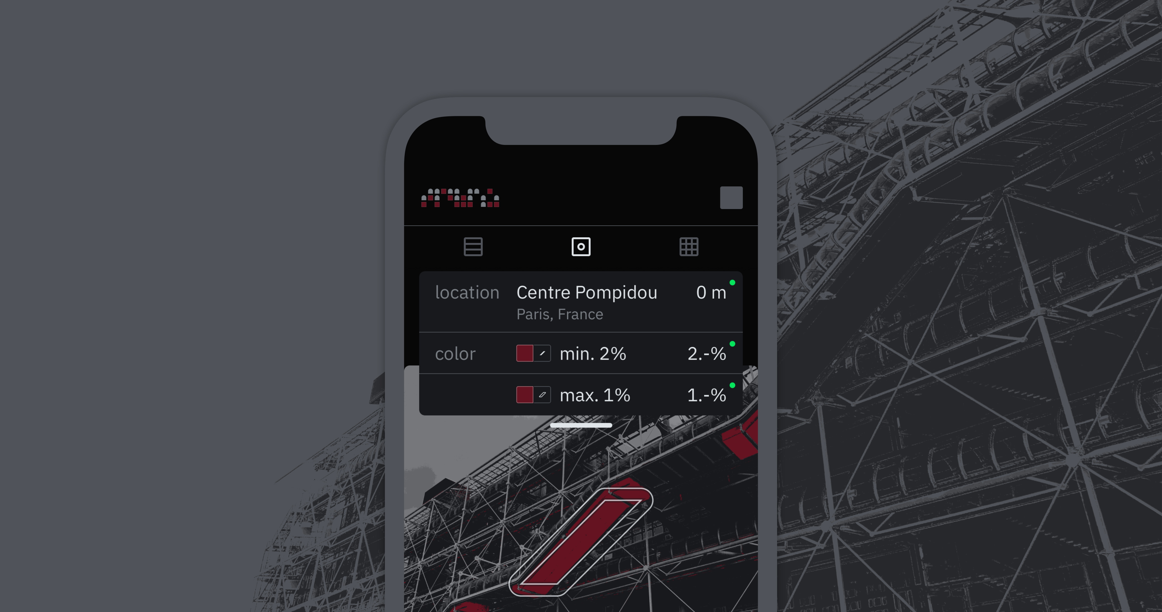 Montage illustrating a game of Phototaxon, where a player tries to find a red parallelogram around the Centre Pompidou, Paris.
